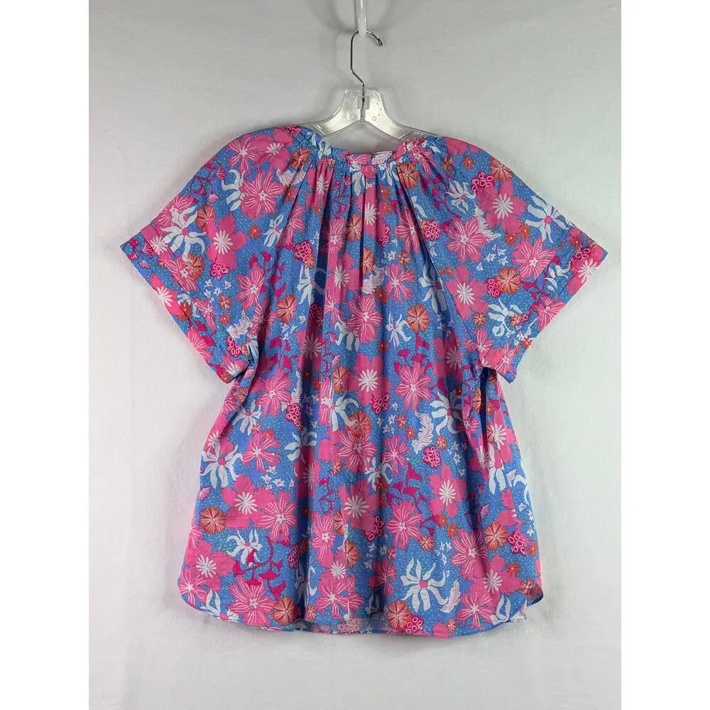 Hatley Short Sleeve Peasant Blouse Floral Pink Blue Womens Large